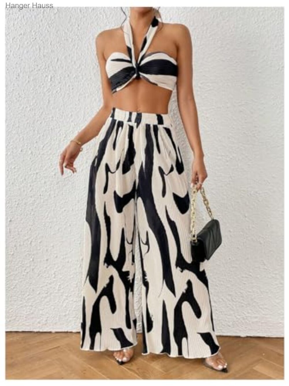 Two Piece Graphic Halter Top Wide Leg Pants Vacation Outfit - Picture 5 of 6